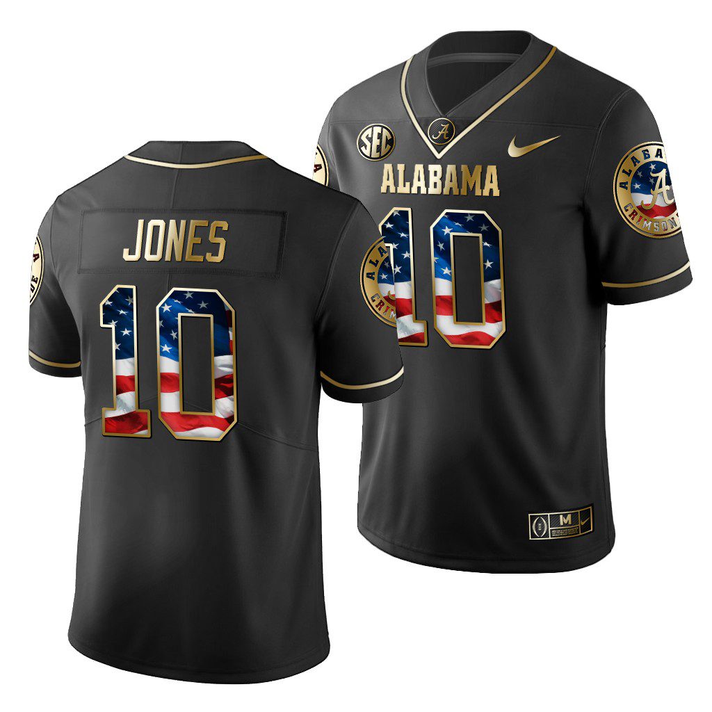 Men's Alabama Crimson Tide Mac Jones #10 Black Golden Limited Edition 2019 Stars and Stripes NCAA College Football Jersey